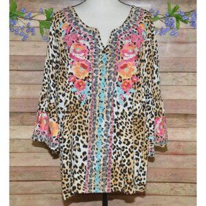 Savanna Jane Cheetah Print 3/4 Bell Sleeve Embroidered Floral Blouse Top Size 3X